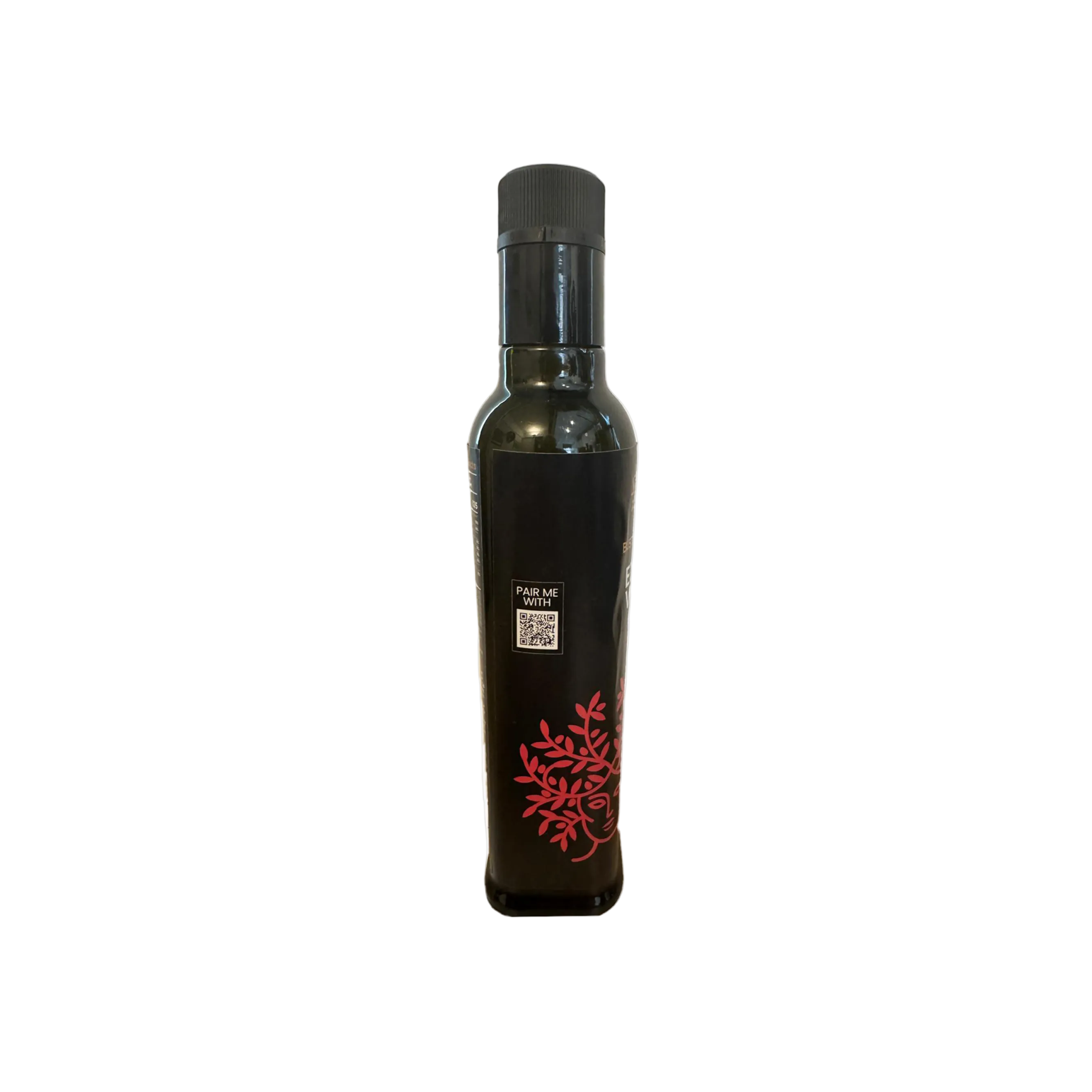 Black olive oil bottle with red design on a white background